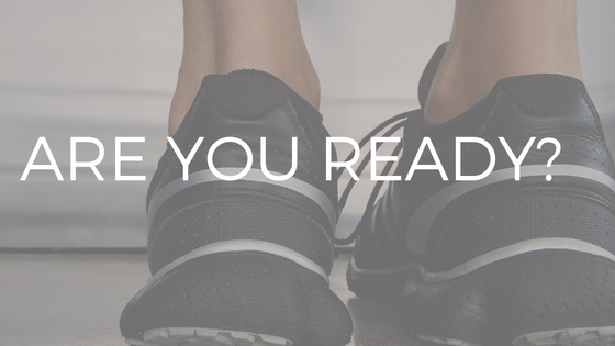 TEXT "ARE YOU READY" OVER PHOTO OF WOMAN'S RUNNING SHOES.