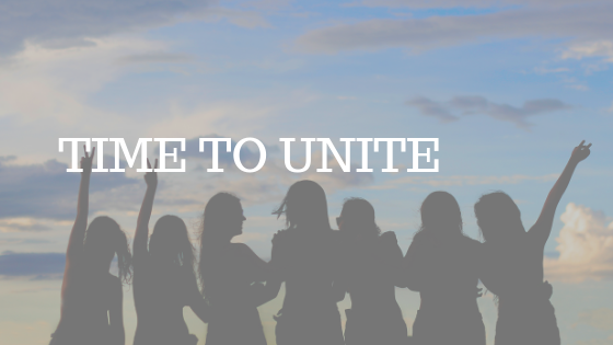 GROUP OF PEOPLE STANDING IN SILHOUETTE WITH WHITE TEXT READING "TIME TO UNITE"