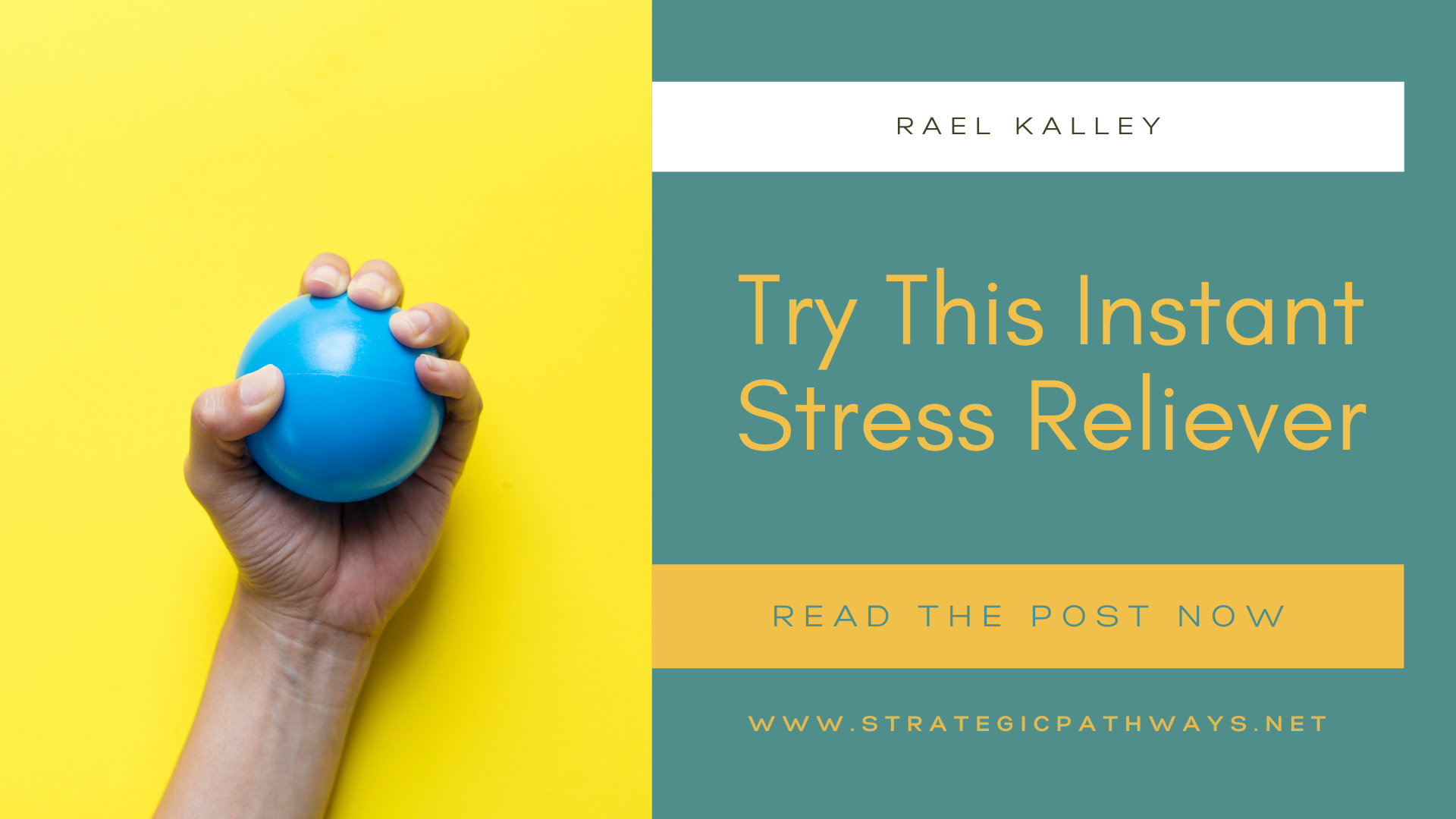 Text says "Try This Instant Stress Reliever" and an image of a hand holding a stress ball